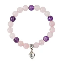 Karkötő, gyöngyből, rózsakvarc, ametiszt, Szív charm, 8mm, ART CRYSTELLA