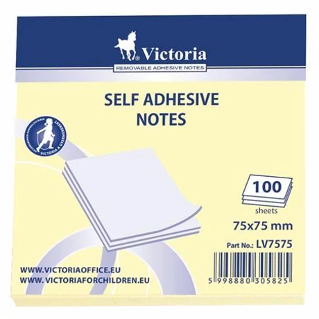 Öntapadó jegyzettömb, 75x75 mm, 100 lap, VICTORIA OFFICE, sárga