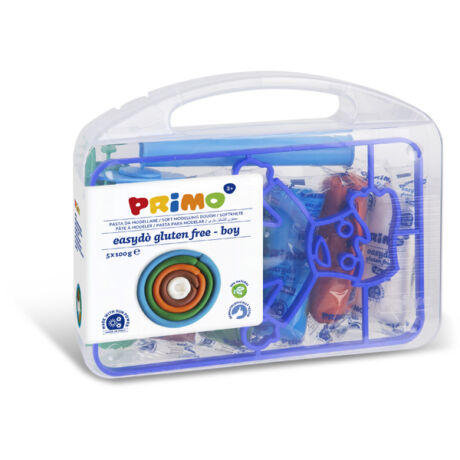 Gyurma készlet PRIMO EasyDo gluténmentes, 5x100g, 5 szín + fiú sablon és formázó ezközök, műanyag dobozban