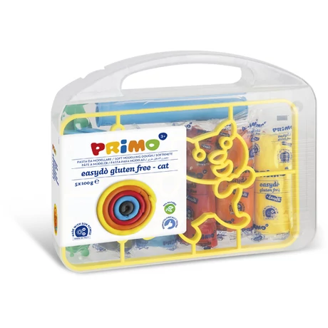 Gyurma készlet PRIMO EasyDo gluténmentes, 5x100g, 5 szín + macska sablon és formázó ezközök, műanyag dobozban