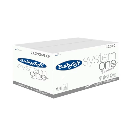 BulkySoft System One Excellence V hajtogatott szalvéta, 2 rétegű, 16x21 cm, 200 lap, hófehér, 100% cellulóz, 20 csomag/karton
