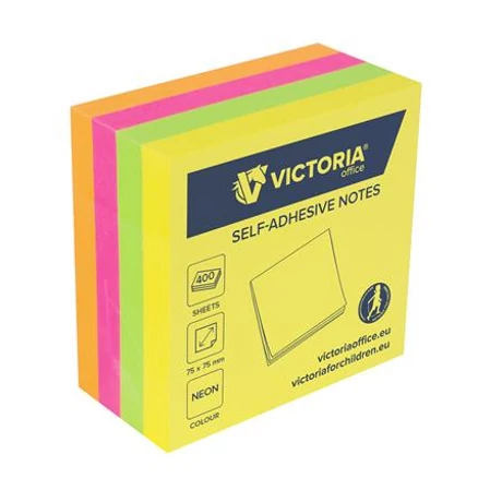 Öntapadó jegyzettömb, 75x75 mm, 400 lap, VICTORIA OFFICE, neon
