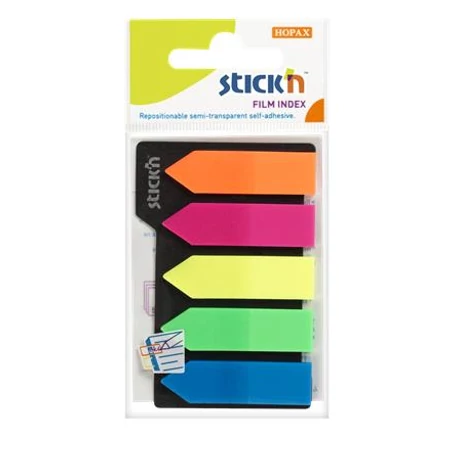 Jelölőcímke, műanyag, nyíl, 5x25 lap, 42x12mm, STICK N, neon színek